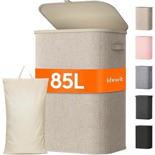 Lifewit 85L Large Laundry Basket with Lid, Laundry Hamper with Plastic Handles and Removable Bag, Foldable Tall Dirty Clothes Hampers for Laundry for Laundry Room, Bedroom, Bathroom, Dorm, Beige