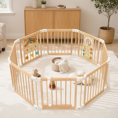 Wooden Baby Playpen with Montessori Toys, 8-Panel Large Foldable Play Yard