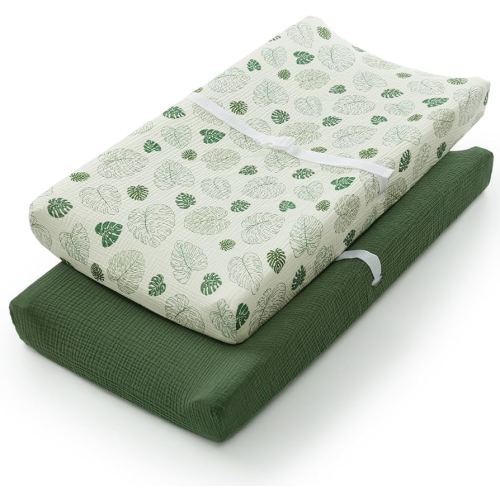 Blissful Diary Muslin Changing Pad Cover for Girls Boys, Ultra Soft Breathable Cotton, Baby Diaper Change Table Pad Covers, 2Pack (Monstera Leaves&Dark Green)