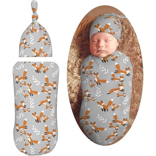 Cute Foxes Leaves Gray Newborn Swaddle Blankets Hat Sets Soft Baby Receiving Blanket Swaddle Sack for Baby Shower Infant Boy Girl Gift