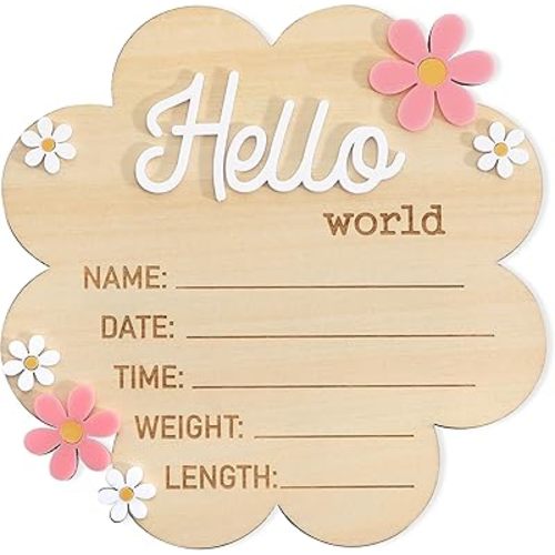 Hello World Newborn Sign - Wooden Baby Name Announcement Board, Daisy Design, Gender Neutral Nursery & Hospital Photo Props Keepsake Gift