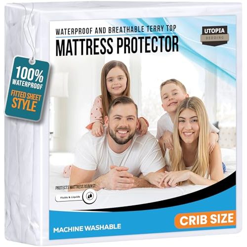 Crib Size Mattress Protector Waterproof, Premium 200 GSM Terry Mattress Cover, Soft & Breathable Bed Cover, Fitted Sheet Style Stretchable Deep Pockets 5" by Utopia Bedding (White)