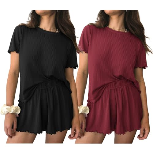 Ekouaer 2 Packs Womens Pajama Set Short Sleeve Sleepwear Soft Top and Shorts Pjs Casual Outfits Lounge Set with Pockets