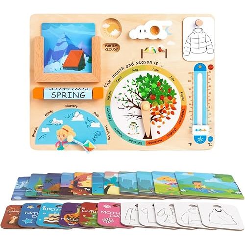 Wooden Weather Station Cognitive Board with 24 Cards, Montessori Climate Busy Board for Toddlers, Learning Daily Weather Condition Changes, Teaching Months & Seasons Toys for 3,4,5 Years Old