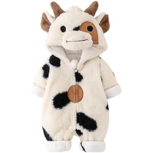 Newborn Baby Boy Girl Winter Plush Clothes Long Sleeve Zipper Hooded Romper Onesie Toddler Infant Cow Outfit