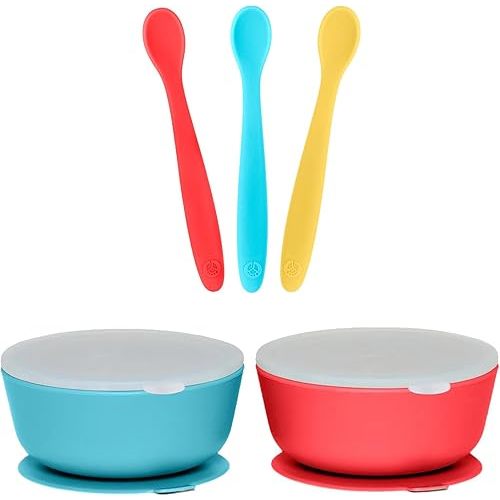 WeeSprout 3 Silicone Baby Spoons & 2 Bowls with Lids Bundle - Soft-Tip, Bendable Feeding Utensils - Durable, Travel-Friendly, Dishwasher Safe - Blue & Red