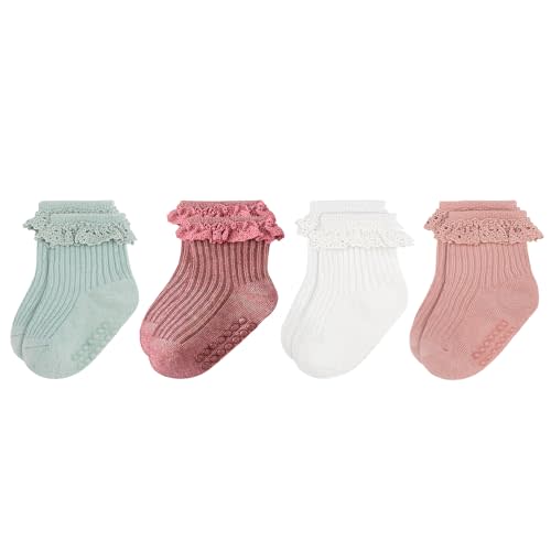Looching 8 Pack Baby Girls Anti Slip Socks Toddler Frilly Ruffle Grip Ankle Cotton Socks for Infant/Newborn/0-2T