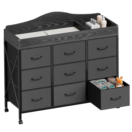 YeTom Baby Changing Table with 9 Fabric Boxes, Waterproof Diaper Changing Station & Pad, Mobile Nursery Diaper Changing Table, Baby Furniture, Black
