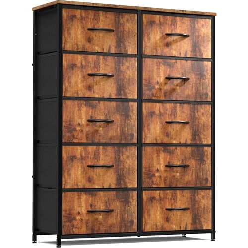 Sweetcrispy Dresser for Bedroom, Fabric Dresser with 10 Drawers, Tall Double Dresser, Chest of Drawers for Closet, Living Room, Sturdy Steel Frame, Wooden Top, Easy Pull Handle, Rustic Brown