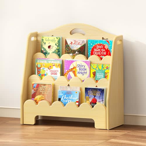 ONBRILL 3-Tier Montessori Wooden Bookshelf for Kids, Toddler Book Rack Toy Organizer and Storage, Small Book Display Stand for Baby, Bookshelves Furniture for Classroom, Nursery, Playroom, Library