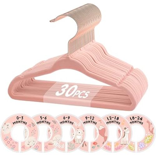 Velvet Baby Hangers with 6 Pcs Size Dividers, 11 Inch, Pink, 30 Pcs