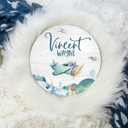 Airplane Name Sign, Round Wood Name Sign, Wood Baby Name Sign, Airplane Baby Sign, Baby Announcement Sign, Airplane Travel Nursery T44
