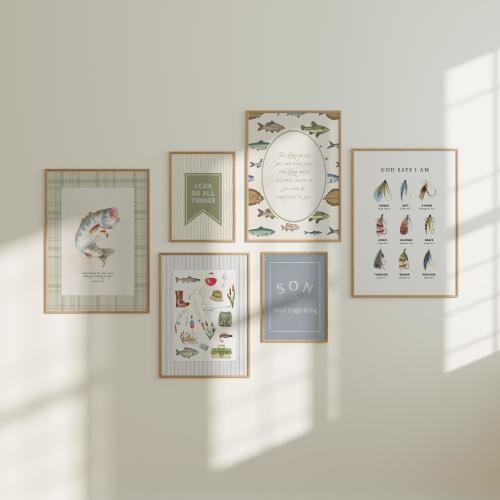 Fishing Themed Nursery Wall Art- Modern Christian Boys Room Poster Set of 6
