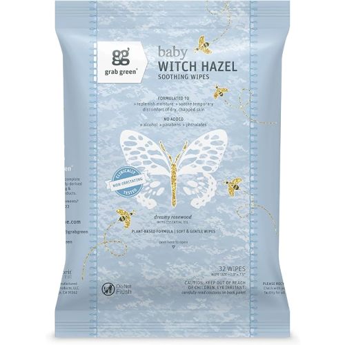 Grab Green Baby Witch Hazel Soothing Wipes, 32 Wipes, Dreamy Rosewood Scent, Plant and Mineral Based, Biodegradable, Soothe Common Skin Irritations Such as Diaper Rash, No Alcohol, Packaging May Vary
