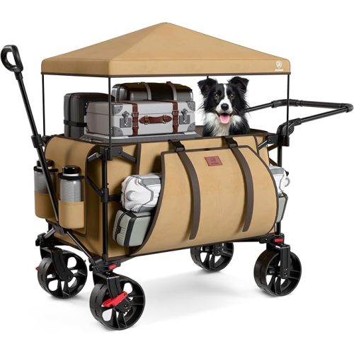 Folding Push Wagon with Canopy, Portable Shopping Cart with Brakes, Collapsible Wagon Cart with All-Terrain Big Wheels for Camping, Beach, Sports