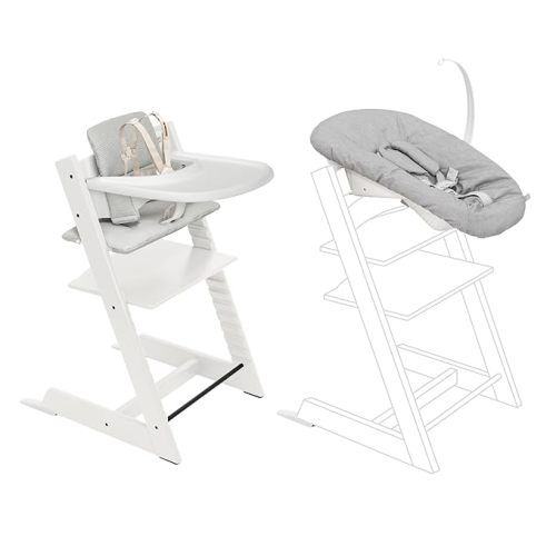 Stokke Tripp Trapp High Chair 2 (White) + Newborn Set + Cushion 2 (Nordic Grey) + Stokke Tray (White) - Includes Chair & Baby Set with Removable Harness for Children 6-36 Months