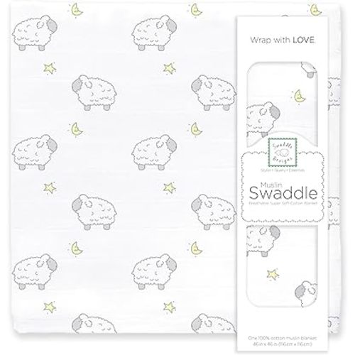 SwaddleDesigns Cotton Muslin Swaddle Blanket, Receiving Blanket for Boys & Girls, Best Shower Gift, 46x46 inches, Little Lambs, Sterling