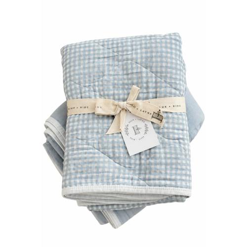 Dusty Blue Solids + Gingham QUILTED 6 Layer Gauze Blanket