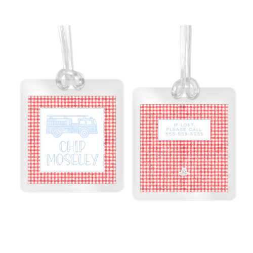 Personalized Fire Truck Bag Tag, Laminated Backpack Tag, Blue Watercolor Gingham, Kids School, Daycare, Luggage Tag