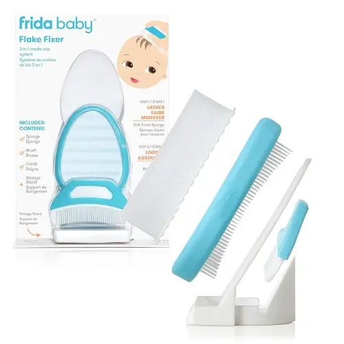Frida Baby The 3-Step Cradle Cap System Kit & Cradle Cap Treatment, DermaFrida The FlakeFixer, Sponge, Brush, Comb and Storage Stand for Babies with Cradle Cap, White-Blue