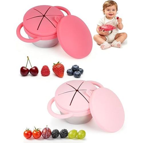 2 Pack Stainless Steel Snack Cups for Toddlers Spill Proof Baby Snack Containers, BPA Free, Dishwasher Safe, Reusable Food Storage for On the Go Travel, Daycare(Dark Pink + Light Pink)