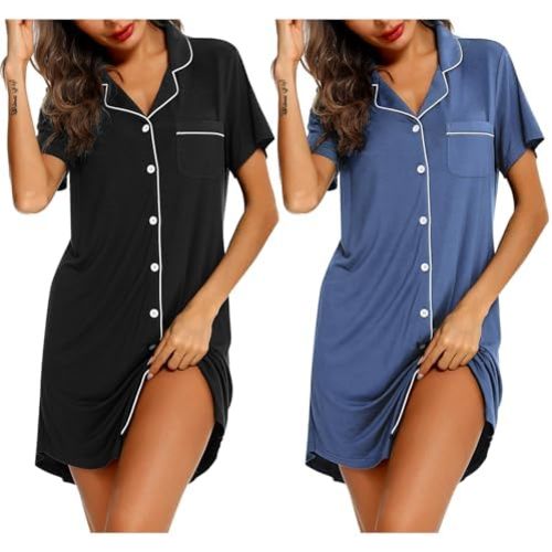 Samring 2 Pack Nightgowns for Women Short Sleeve Sleepwear Button Down Nightshirts Sleep Shirts Boyfriend Pajama Dress