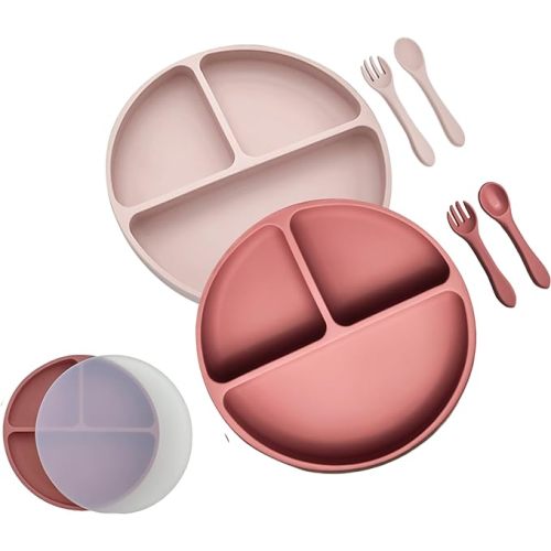 Silicone, 2 Pack Suction Dishware Plate with Lid and Utensil Set for Babies & Toddlers, Divided Design -Microwave & Dishwasher Safe (Dusty Pink & Rose Pink)