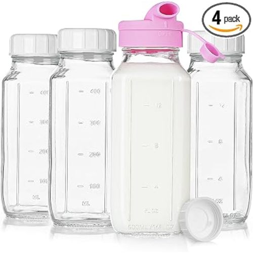Sovietiep 4 Pack 16 Oz Glass Milk Bottles With Lids, Breastmilk Pitchers