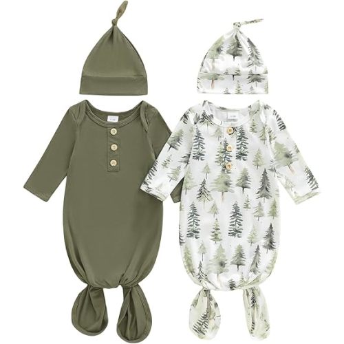 woshilaocai 2 Pack Baby Boy Girl Gown Sleeper Newborn Knotted Nightgown and Hat Set Infant Sleepwear