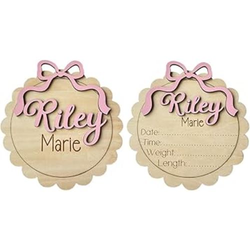 Personalized Baby Girl Birth Announcement Sign – Custom Round Wooden Name Plaque with Bow – Scalloped Edge Newborn Hospital Photo Prop & Keepsake (Bundle 2 Sign Set)
