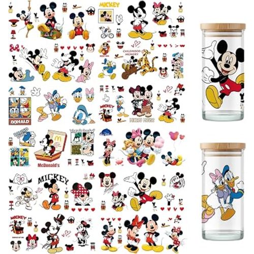 PDFADSK UV DTF Cup Wrap Transfer Stickers for Glass, 12 Sheets Cartoon Rub on Transfers Cup Stickers UV DTF Cup Wraps for 16 oz Glass Water Bottle Waterproof Iron on Transfer Decals for Mugs Cups