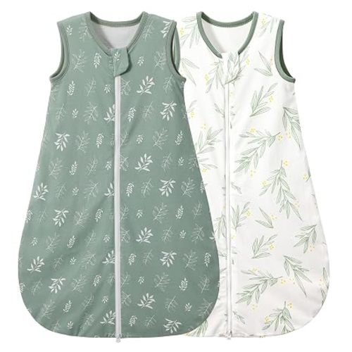 Duomiaomiao Baby Sleep sack 1.0 Tog, 2 Pack Cotton Baby Sleeping Bag All Years Round, Wearable Blanket Unisex Toddler Newborn Sleep Bag 6-18 Months, Green Leaves