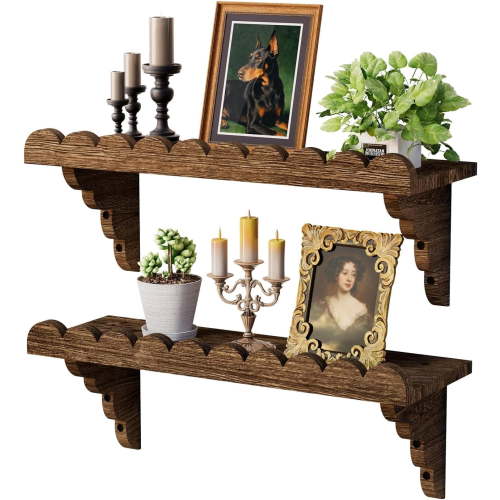 Scalloped Wood Wall Shelf – 17 Inch Floating Shelf with Wood Brackets, Easy to Install Rustic Wall Shelf for Living Room, Bedroom, Bathroom, or Any Space
