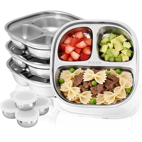 Bakpoco Stainless Steel Divided Plate for Kids Toddler, Non Toxic Portion Control Plate Dinner Plate with Lid for Adults Weight Loss, 4 Pack 3 Sections Square Snack Plate Tray