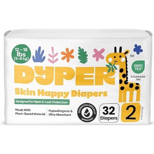 DYPER - Baby Diapers Size 2 (32 Count) - Plant Based Disposable Diapers for Day and Overnight Premium Leak Protection, Skin-Friendly Comfort with Soft Size 2 Diapers (12-18 lbs)