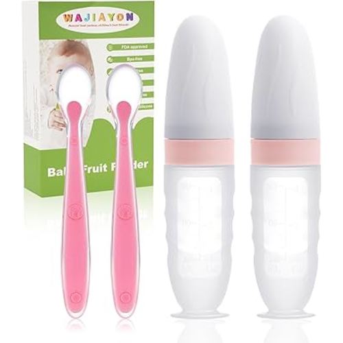 WAJIAYON Baby Food Feeder 4 Pack Silicone Baby Food Dispensing Spoon-3 oz Squeeze Feeding Spoons with Suction Cup for Boys Girl Kids Toddlers - Self Feeding Bottle Spoon-Sakura Pink