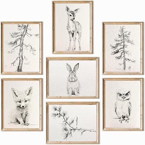 Vintage Nursery Wall Art Woodland Animal Canvas Decor Baby Room Wall Art Forest Animal Pictures Kids Tree Prints Posters Nature Deer Fox Painting Nursery Artwork for Bedroom 12x16x7 Inch Unframed