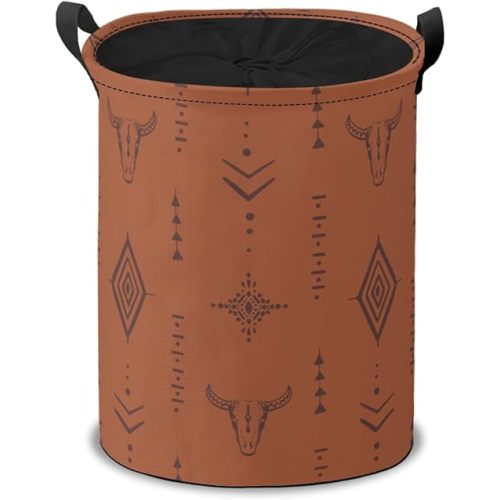Aztec Skulls Art Laundry Hamper Basket, Western Bull Boho Collapsible Portable Laundry Bag, Storage Bins Toys Storage Gifts Basket, Bedroom Home Nursery Decor for Baby Girl Women