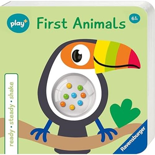 Ravensburger Play+ Ready, Steady, Shake - First Animals | Board Book with Rattle | Engages Sensory & Language Development
