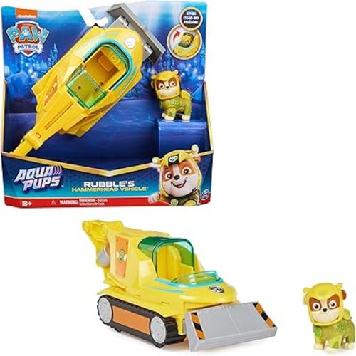 Paw Patrol Aqua Pups Rubble Transforming Hammerhead Shark Vehicle with Collectible Action Figure, Kids’ Toys for Ages 3 and up