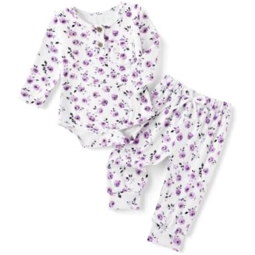 DISAUR Baby Girl 2 Piece Outfit Long Sleeve Henley Bodysuit and Pants Set
