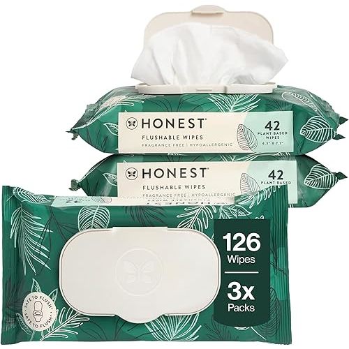 The Honest Company Hypoallergenic Flushable Wipes for Sensitive Skin, Tropical Leaves,42 Count (Pack of 16)