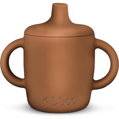 KIDSco. Silicone Sippy Cup with Easy Grip Transition Handles and a Soft Spout. A Non Toxic No Spill Unbreakable Training Cup 150ml/5oz |Caramel|