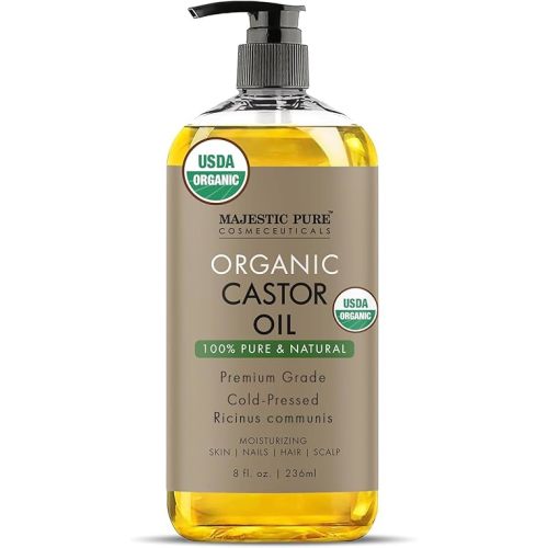 Majestic Pure Organic Castor Oil | Hexane Free & 100% Pure | Cold Pressed | Stimulate Growth for Hair, Eyelashes, Eyebrows, Nails | Moisturizing & Nourishing | Body, Hair & Carrier Oil | 8 Fl Oz