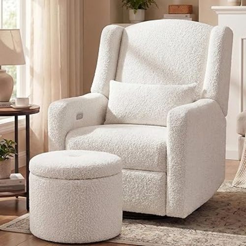 Power Glider Recliner Nursery Chair w/USB Ports, Soft Boucle Glider Rocking Chair with Ottoman, Swivel Glider Chair with Lumbar Pillow for for Nursery, Cream