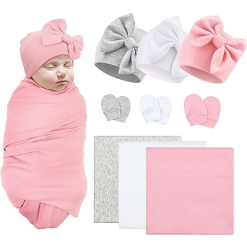 Newborn Receiving Blanket with Bow Hat Mittens Set Nursery Swaddle Wrap Toddler Swaddles for Newborn Baby Boy Girl