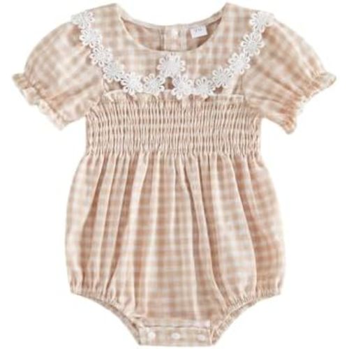 MERSARIPHY Newborn Baby Girl Summer Clothes Peter Pan Collar Plaid Flower Smocked Bubble Short Sleeve Romper One Piece Outfit