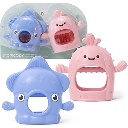 Momcozy 2 Pack Teething Toys, Food Grade Silicone Baby Teethers for 0–12 Months, Baby Teether Mitten Wrist, Teething Relief with Multiple Chew Points,Hygienic Seamless UV-Integrated Design，Blue&Pink