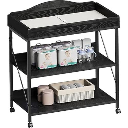 Baby Changing Table, Diaper Changing Station with Pad and Wheels, Two-Tier Open Storage Shelves, Waterproof Diaper pad & Safety Strap,Compact Baby Furniture for Nursery, Black