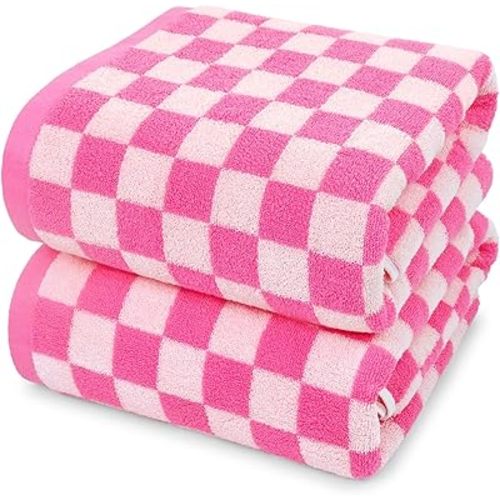 Jacquotha Hot-Pink Checkered Cotton Bath Towels Set of 2 - Cute Aesthetic Bathroom Towels for Women Girls Teens, Bathroom Decor 27.5" x 55"